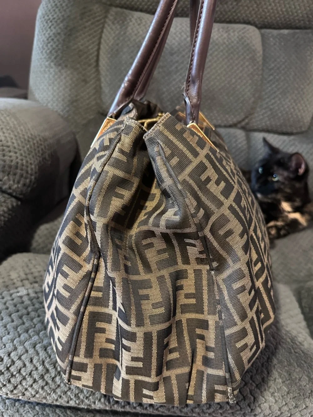Fendi Brown Zucca Pattern Shoulder Bag with Logo Plaque
